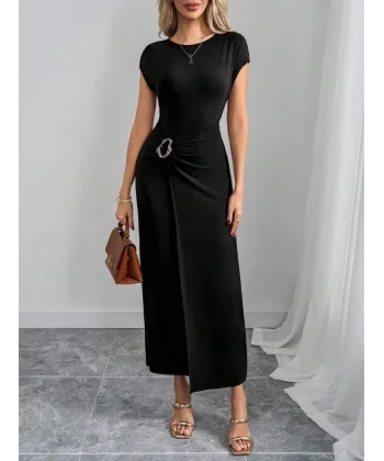 Kadın Yarım Ay Kollu Yuvarlak Yaka önünde Toka Detaylı Modal Maxi Elbise