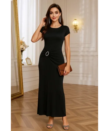 Kadın Yarım Ay Kollu Yuvarlak Yaka önünde Toka Detaylı Modal Maxi Elbise