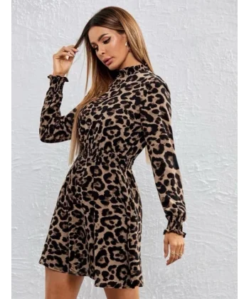 Kadın Yarım Balıkçı Yaka Uzun Kollu Leopar Desen Mini Elbise
