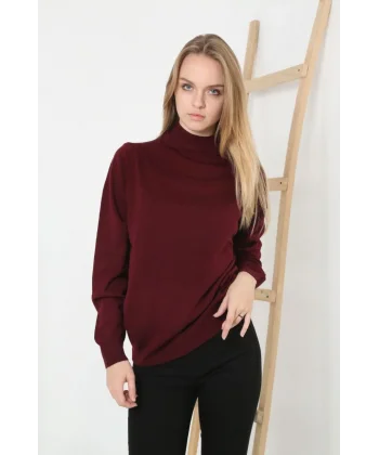 Kadın Yarım Boğaz Triko Kazak yumuşak dokulu Pamuklu ince Dokuma, uzun kollu Rahat Regular kalıp - Bordo
