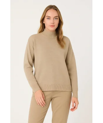 Kadın Yarım Boğaz Triko Kazak yumuşak dokulu Pamuklu ince Dokuma, uzun kollu Rahat Regular kalıp - Bej