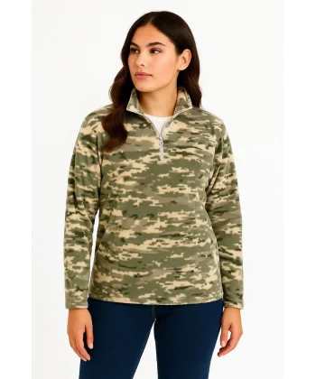 Kadın Yarım Fermuarlı Desenli Polar Sweat – Haki Kamuflaj Yakalı, Uzun Kollu, Oversize Rahat Kalıp - Haki