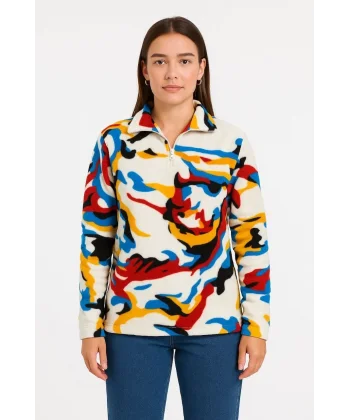 Kadın Yarım Fermuarlı Desenli Polar Sweat – Renkli Abstract Desen Yakalı, Uzun Kollu, Oversize Rahat Kalıp - Beyaz