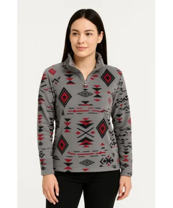 Kadın Yarım Fermuarlı Desenli Polar Sweat Tribal Etnik Desen Yakalı, Uzun Kollu, Oversize Rahat Kalıp - Füme