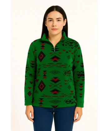 Kadın Yarım Fermuarlı Desenli Polar Sweat Tribal Etnik Desen Yakalı, Uzun Kollu, Oversize Rahat Kalıp - Yeşil