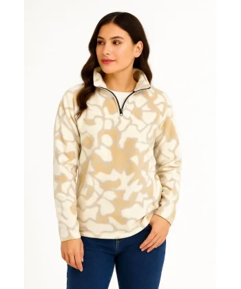 KADIN Yarım Fermuarlı Desenli Polar Sweat Yakalı, Uzun Kollu, Oversize Rahat Kalıp - Bej