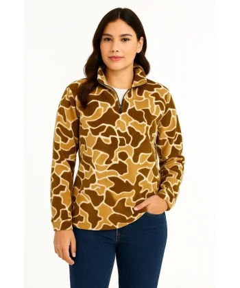 KADIN Yarım Fermuarlı Desenli Polar Sweat Yakalı, Uzun Kollu, Oversize Rahat Kalıp - Kahverengi