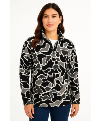 KADIN Yarım Fermuarlı Desenli Polar Sweat Yakalı, Uzun Kollu, Oversize Rahat Kalıp - Siyah
