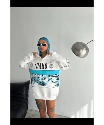 Kadın Yarım Fermuarlı Oversize Baskılı SweatShirt - Beyaz