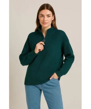 KADIN Yarım Fermuarlı Triko Kazak – Selanik Örgü, Dik Yaka, Pamuklu Dokuma, Oversize Uzun Kollu Kışlık Model - Haki