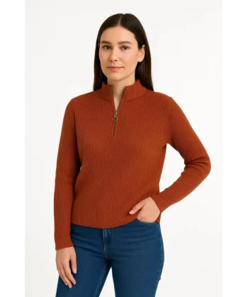 KADIN Yarım Fermuarlı Triko Kazak – Selanik Örgü, Dik Yaka, Pamuklu Dokuma, Oversize Uzun Kollu Kışlık Model - Kiremit