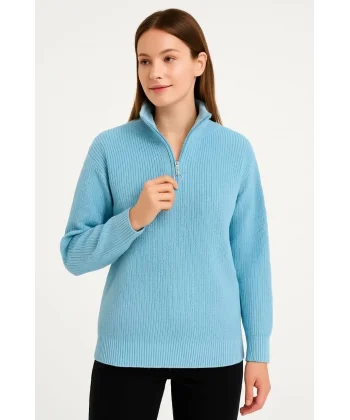 KADIN Yarım Fermuarlı Triko Kazak – Selanik Örgü, Dik Yaka, Pamuklu Dokuma, Oversize Uzun Kollu Kışlık Model - Bebe Mavisi
