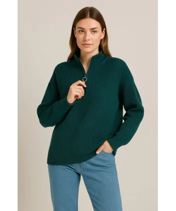 KADIN Yarım Fermuarlı Triko Kazak – Selanik Örgü, Dik Yaka, Pamuklu Dokuma, Oversize Uzun Kollu Kışlık Model - Haki