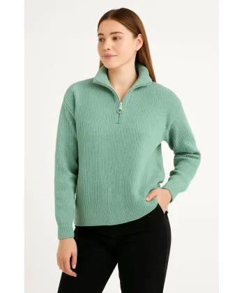 KADIN Yarım Fermuarlı Triko Kazak – Selanik Örgü, Dik Yaka, Pamuklu Dokuma, Oversize Uzun Kollu Kışlık Model - Mint Yeşili