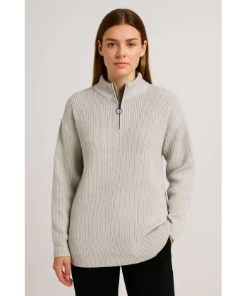 KADIN Yarım Fermuarlı Triko Kazak – Selanik Örgü, Dik Yaka, Pamuklu Dokuma, Oversize Uzun Kollu Kışlık Model - Gri