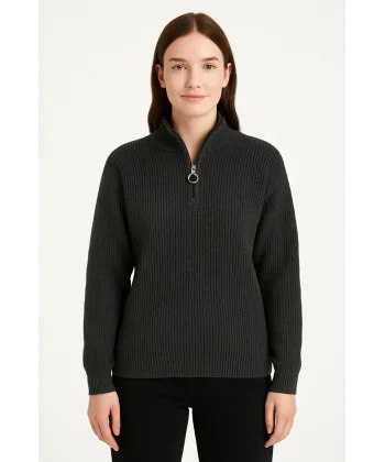 KADIN Yarım Fermuarlı Triko Kazak – Selanik Örgü, Dik Yaka, Pamuklu Dokuma, Oversize Uzun Kollu Kışlık Model - Füme