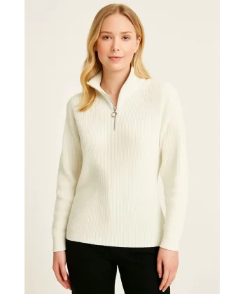 KADIN Yarım Fermuarlı Triko Kazak – Selanik Örgü, Dik Yaka, Pamuklu Dokuma, Oversize Uzun Kollu Kışlık Model - Beyaz