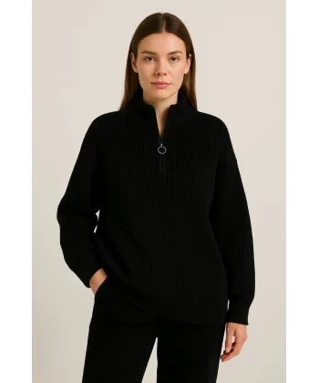 KADIN Yarım Fermuarlı Triko Kazak – Selanik Örgü, Dik Yaka, Pamuklu Dokuma, Oversize Uzun Kollu Kışlık Model - Siyah
