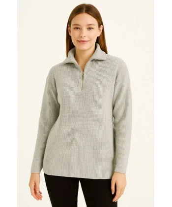 KADIN Yarım Fermuarlı Triko Kazak – Selanik Örgü, Dik Yaka, Pamuklu Dokuma, Regular Fit Uzun Kollu Kışlık Model - Gri