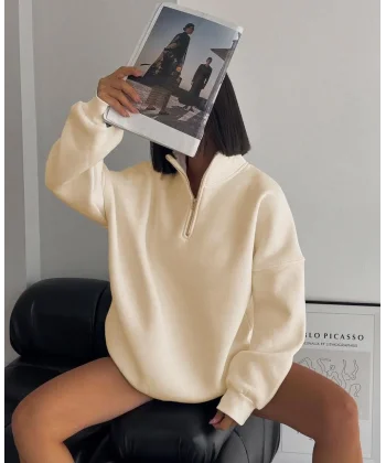 Kadın Yarım Fermuarlı Üç İplik Sweatshirt - Bej
