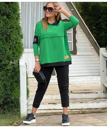 Kadın Yeşil Kapşonlu Etek Ucu Detay Arma Ters Dikiş Gorunumlu Ikili Takım