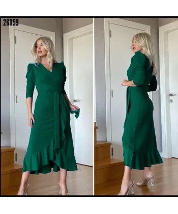 Kadın Yeşil Krep Kumaş idi Boy Kuşaklı Uzunkol Elbise