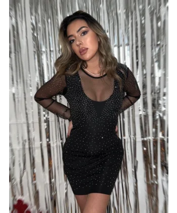 Kadın Yılbaşı özel Uzun Kollu Yuvarlak Yaka Dekolteli Taşlı Dalgıç Elbise