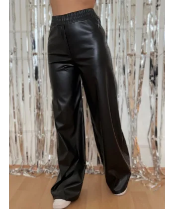 Kadın Yılbaşı özel Yüksek Bel Beli Lastikli Geniş Paçalı Deri Pantolon
