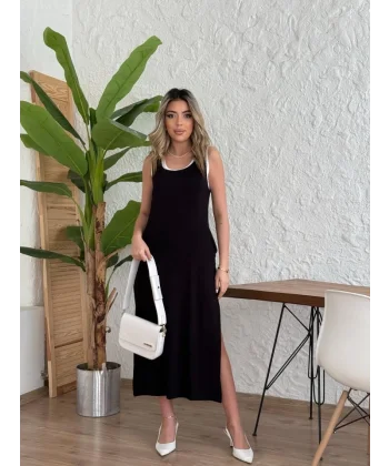 Kadın Yırtmaç Detaylı Viskon Kumaş Maxi Boy Cepli Iç Dahil Ikili Elbise