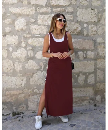 Kadın Yırtmaç Detaylı Viskon Kumaş Maxi Boy Cepli Iç Dahil Ikili Elbise