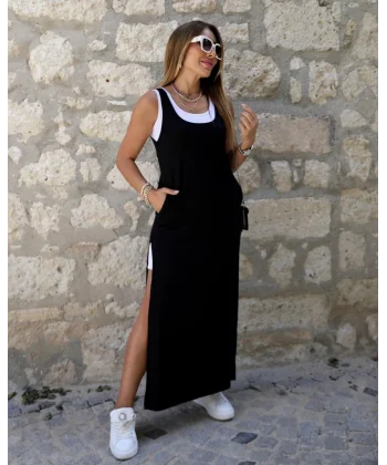 Kadın Yırtmaç Detaylı Viskon Kumaş Maxi Boy Cepli Iç Dahil Ikili Elbise