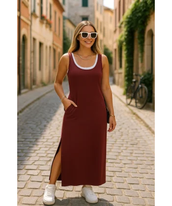 Kadın Yırtmaç Detaylı Viskon Kumaş Maxi Boy Cepli Iç Dahil Ikili Elbise