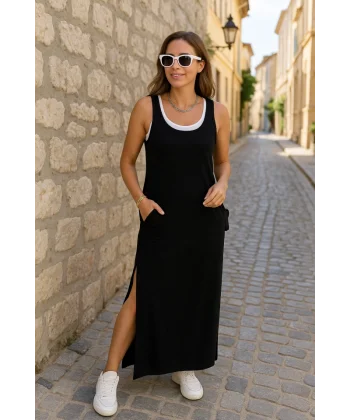 Kadın Yırtmaç Detaylı Viskon Kumaş Maxi Boy Cepli Iç Dahil Ikili Elbise