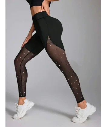 Kadın Yüksek Bel Asimetrik Kesim Detaylı Taşlı Tüllü Spor Dalgıç Tayt