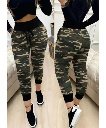 Kadın Yüksek Bel Bağcıklı Desenli Iki Iplik Pantolon