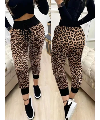 Kadın Yüksek Bel Bağcıklı Desenli Iki Iplik Pantolon