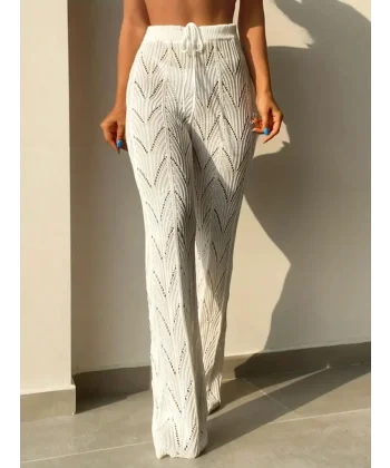 Kadın Yüksek Bel Bağcıklı Desenli Triko Plaj Pantolon