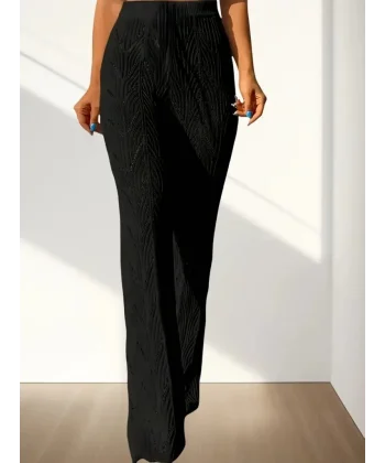 Kadın Yüksek Bel Bağcıklı Desenli Triko Plaj Pantolon