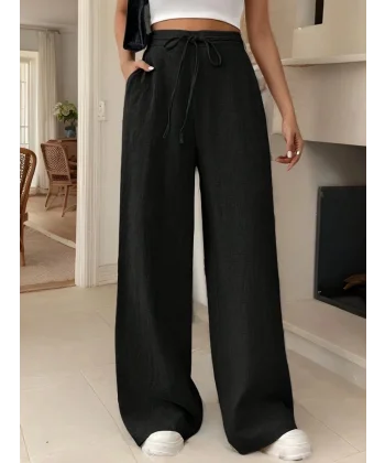 Kadın Yüksek Bel Bağcıklı Geniş Paçalı Uzun Bürümcük Pantolon