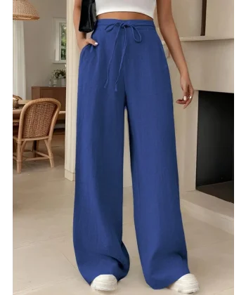 Kadın Yüksek Bel Bağcıklı Geniş Paçalı Uzun Bürümcük Pantolon