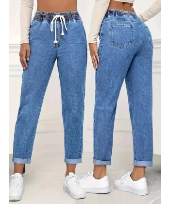 Kadın Yüksek Bel Bağcıklı Kot Pantolon