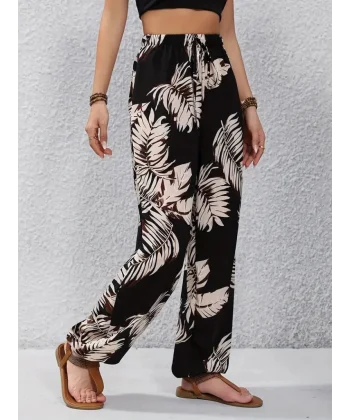 Kadın Yüksek Bel Bağcıklı Yaprak Desenli Süprem Pantolon