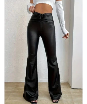 Kadın Yüksek Bel Beli Büzgülü Paçaya Doğru Geniş Deri Pantolon