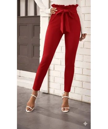 Kadın Yüksek Bel Beli Fırfırlı önden Bağlamalı Ithal Krep Pantolon