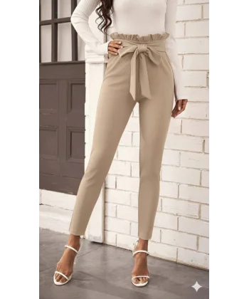 Kadın Yüksek Bel Beli Fırfırlı önden Bağlamalı Ithal Krep Pantolon