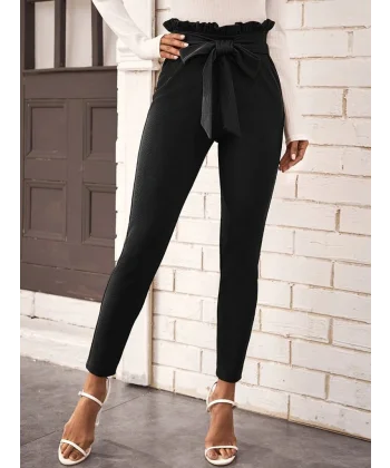 Kadın Yüksek Bel Beli Fırfırlı önden Bağlamalı Ithal Krep Pantolon