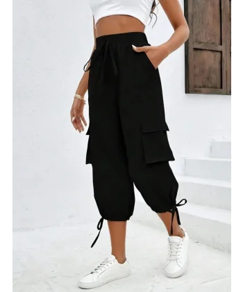 Kadın Yüksek Bel Beli Lastikli Bağcıklı Cepli Kargo Viskon Iki Iplik Pantolon