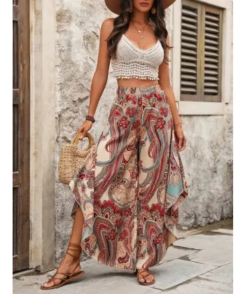 Kadın Yüksek Bel Beli Lastikli Desenli Geniş Paçalı Süprem Pantolon