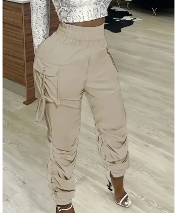 Kadın Yüksek Bel Beli Lastikli Kargo Cep Detaylı Gabardin Pantolon