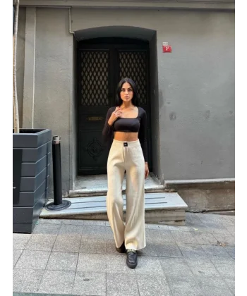 Kadın Yüksek Bel Beli Laztikli Triko Palazzo Pantolon